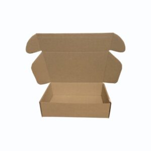 Caja de cartón de e-commerce, abierta, con medidas de 22x15x6 cm, sobre un fondo blanco.
