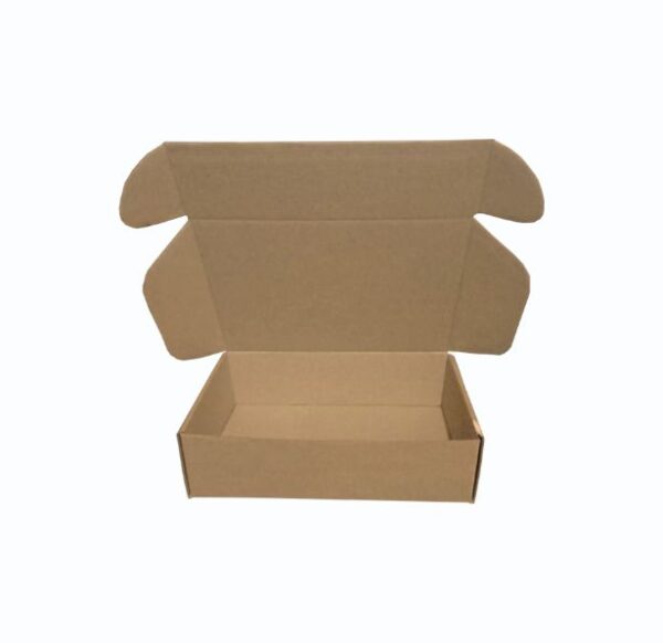 Caja de cartón de e-commerce, abierta, con medidas de 22x15x6 cm, sobre un fondo blanco.