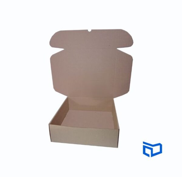 Caja de cartón e-commerce de 30x30x10 cm, con la tapa levantada, exhibiendo su contenido vacío.
